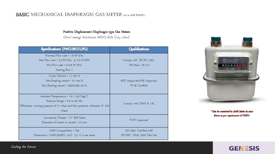 BASIC MECHANICAL DIAPHRAGM GAS METER (G 1. 6 AMR READY) Positive Displacement Diaphragm type
