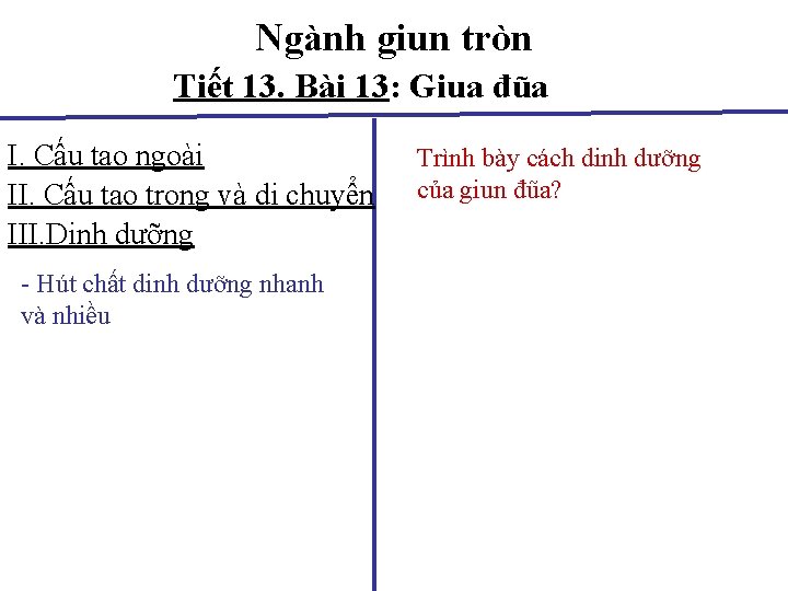 Ngành giun tròn Tiết 13. Bài 13: Giua đũa I. Cấu tạo ngoài II.