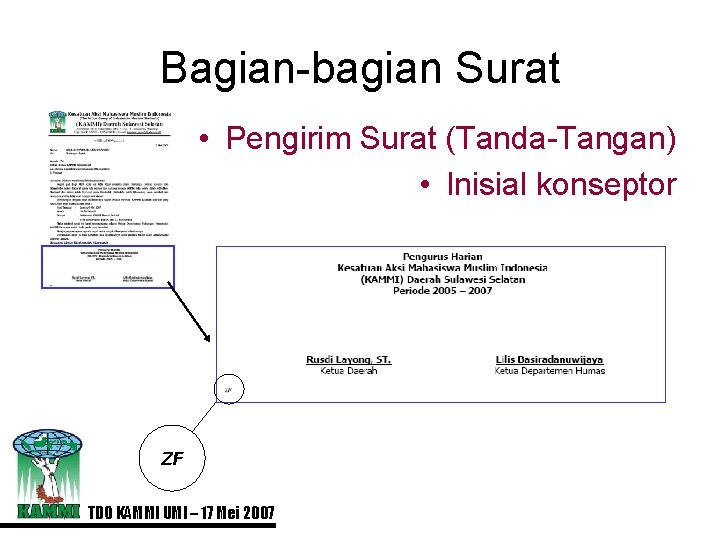 Bagian-bagian Surat • Pengirim Surat (Tanda-Tangan) • Inisial konseptor ZF TDO KAMMI UMI –