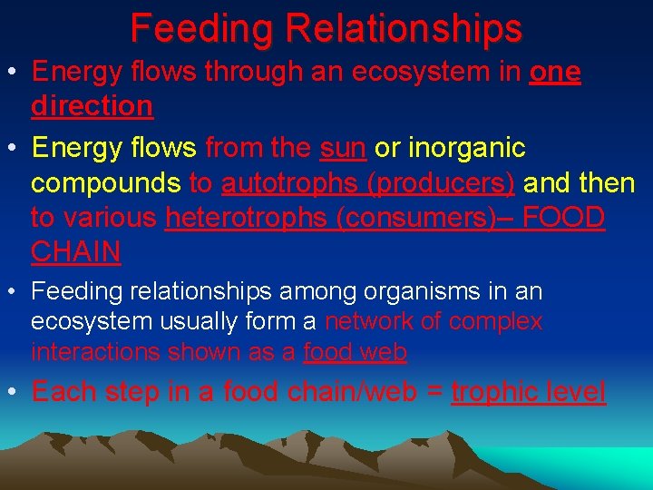 Feeding Relationships • Energy flows through an ecosystem in one direction • Energy flows
