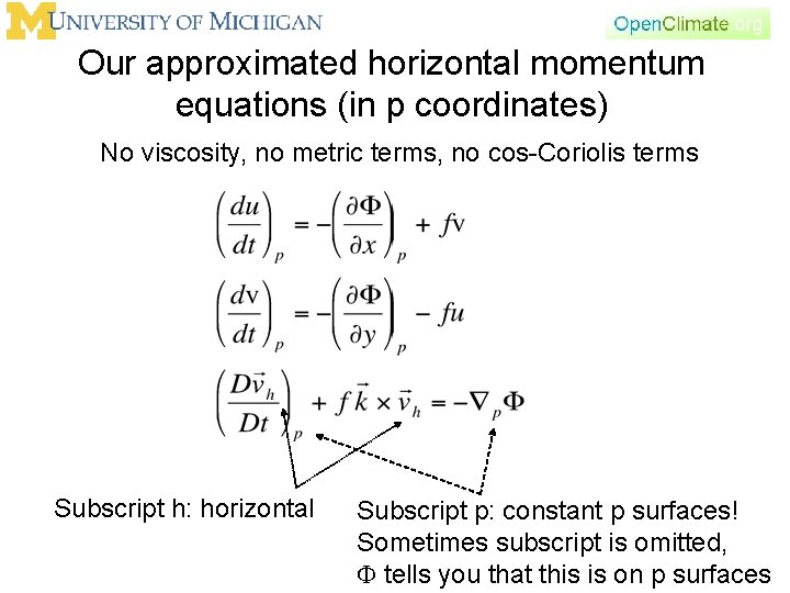Our approximated horizontal momentum equations (in p coordinates) No viscosity, no metric terms, no