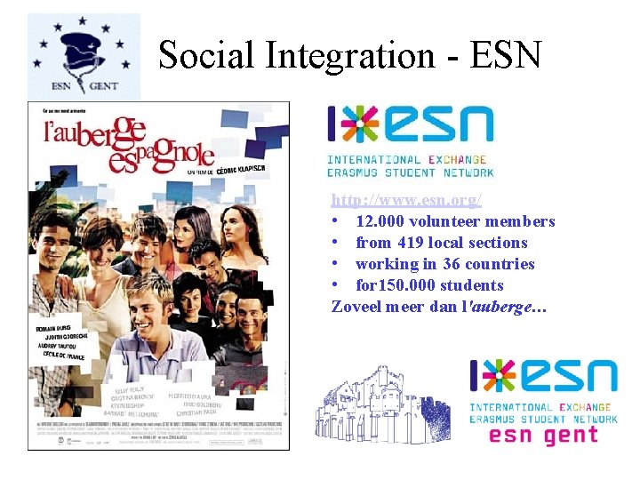 Social Integration - ESN http: //www. esn. org/ • 12. 000 volunteer members •