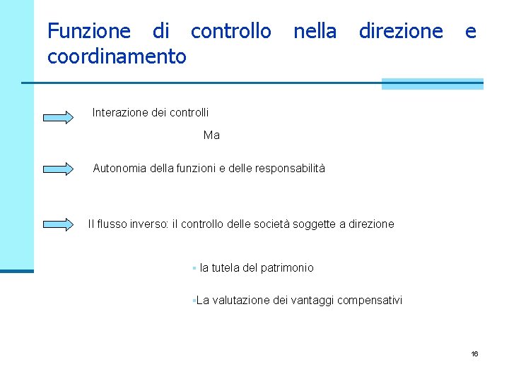 Funzione di controllo coordinamento nella direzione e Interazione dei controlli Ma Autonomia della funzioni