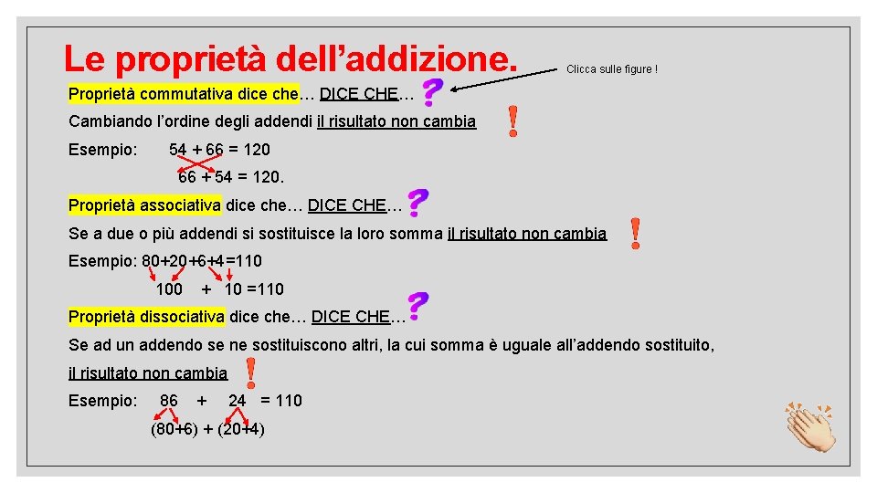 Le proprietà dell’addizione. Clicca sulle figure ! Proprietà commutativa dice che… DICE CHE… Cambiando