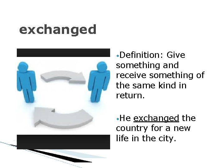 exchanged • Definition: Give something and receive something of the same kind in return. exchanged • Definition: Give something and receive something of the same kind in return.