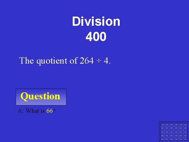 Division 400 The quotient of 264 ÷ 4. Question A: What is 66? 100