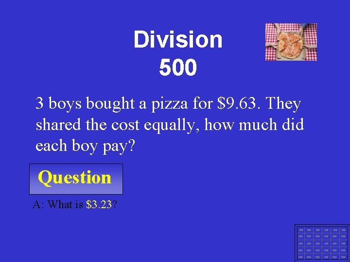 Division 500 3 boys bought a pizza for $9. 63. They shared the cost