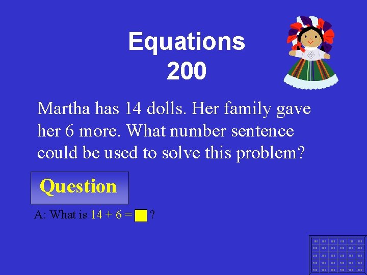 Equations 200 Martha has 14 dolls. Her family gave her 6 more. What number