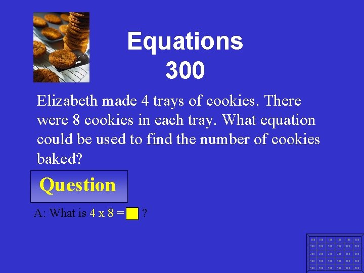 Equations 300 Elizabeth made 4 trays of cookies. There were 8 cookies in each