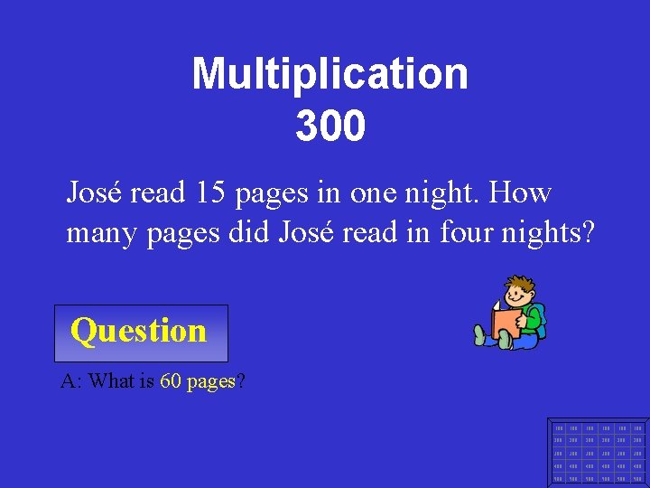 Multiplication 300 José read 15 pages in one night. How many pages did José