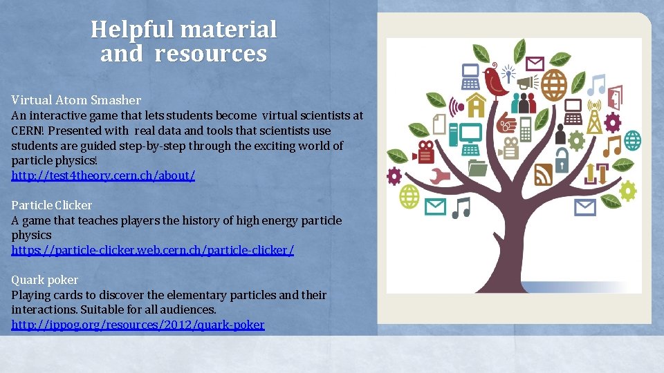 Helpful material and resources Virtual Atom Smasher An interactive game that lets students become