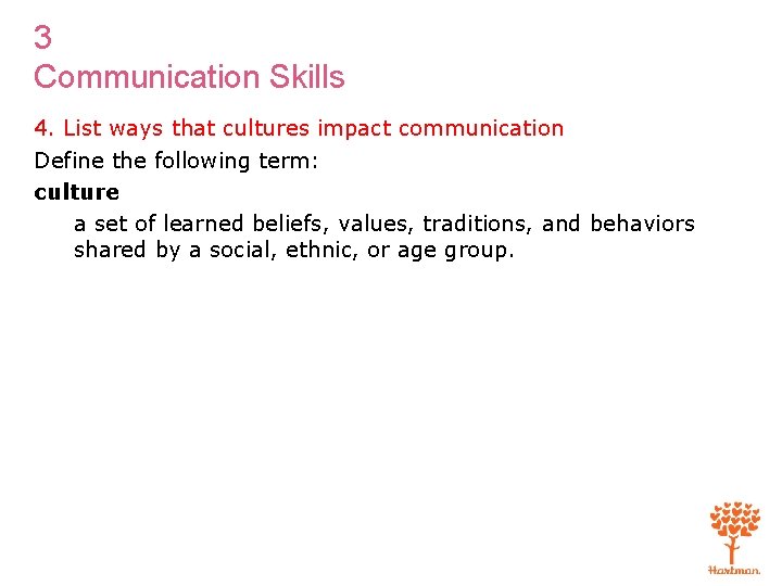 3 Communication Skills 4. List ways that cultures impact communication Define the following term: