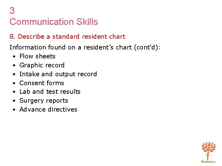 3 Communication Skills 8. Describe a standard resident chart Information found on a resident’s