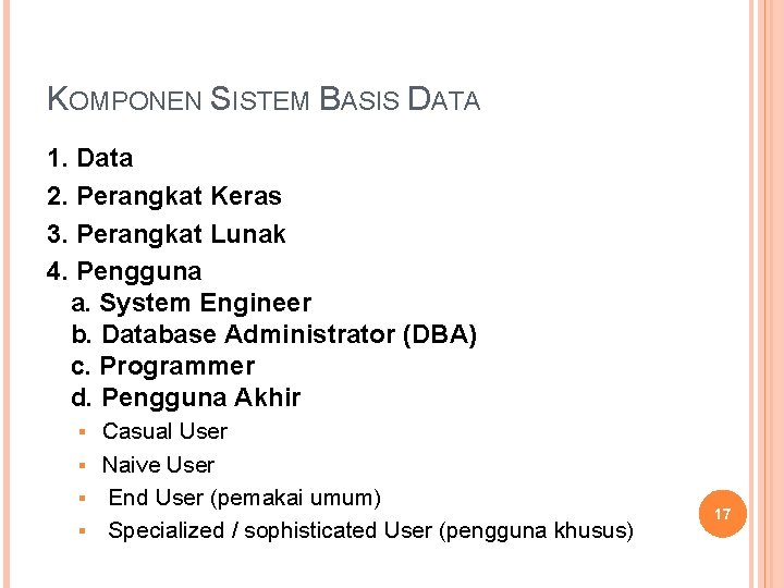 KOMPONEN SISTEM BASIS DATA 1. Data 2. Perangkat Keras 3. Perangkat Lunak 4. Pengguna