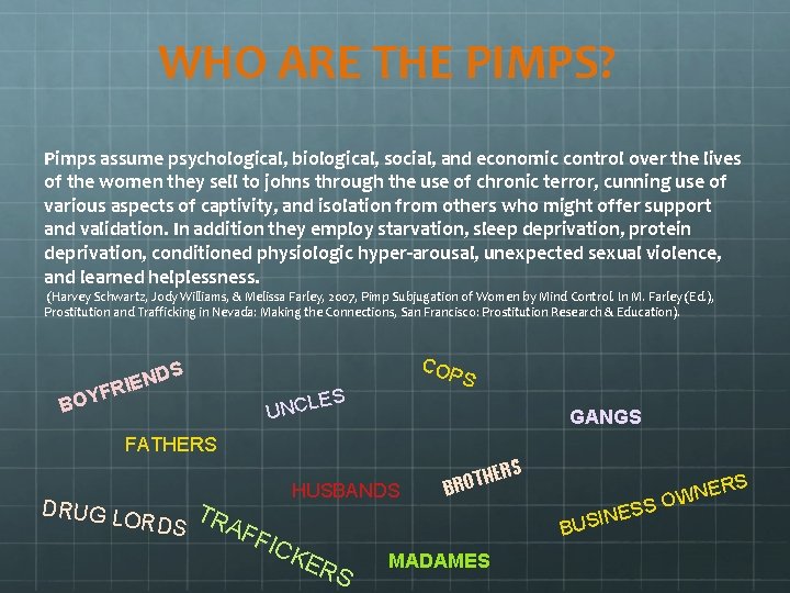 WHO ARE THE PIMPS? Pimps assume psychological, biological, social, and economic control over the