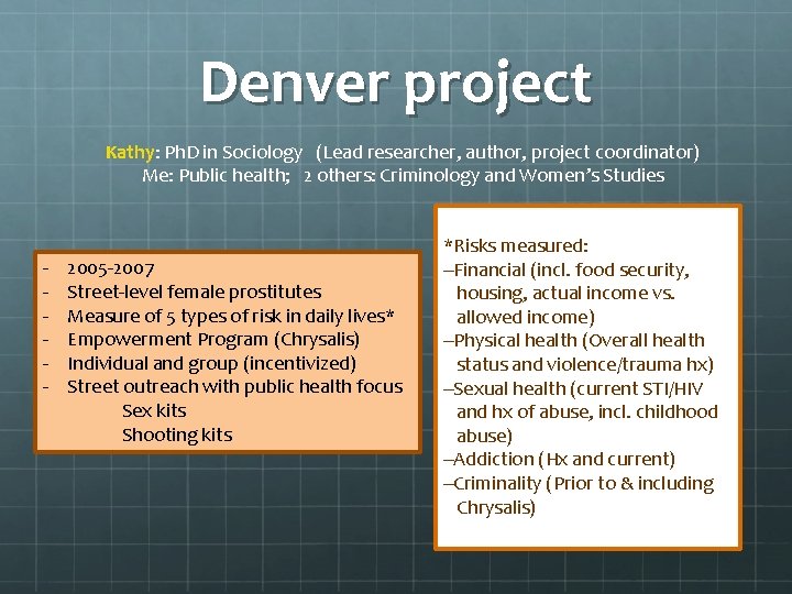 Denver project Kathy: Ph. D in Sociology (Lead researcher, author, project coordinator) Me: Public