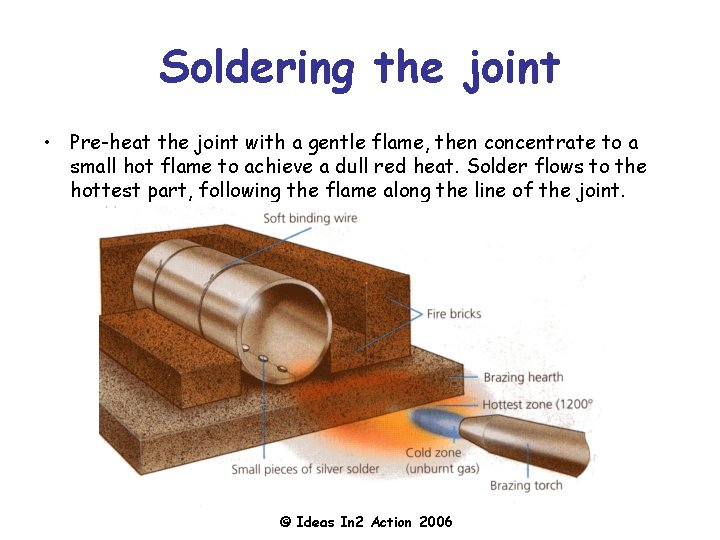 Soldering the joint • Pre-heat the joint with a gentle flame, then concentrate to