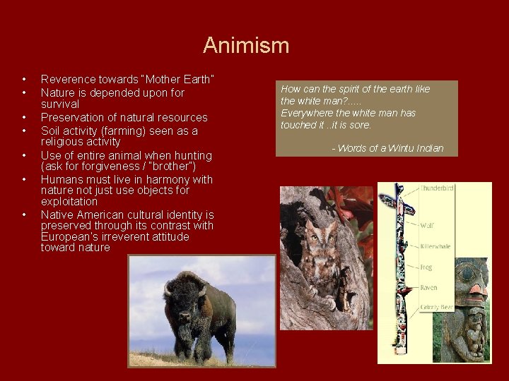 Animism • • Reverence towards “Mother Earth” Nature is depended upon for survival Preservation