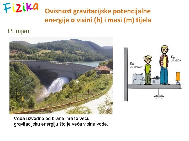 Ovisnost gravitacijske potencijalne energije o visini (h) i masi (m) tijela Primjeri: Voda uzvodno