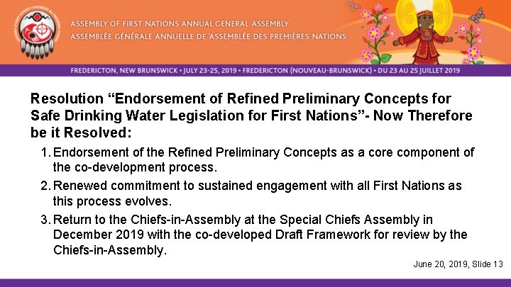 Resolution “Endorsement of Refined Preliminary Concepts for Safe Drinking Water Legislation for First Nations”-