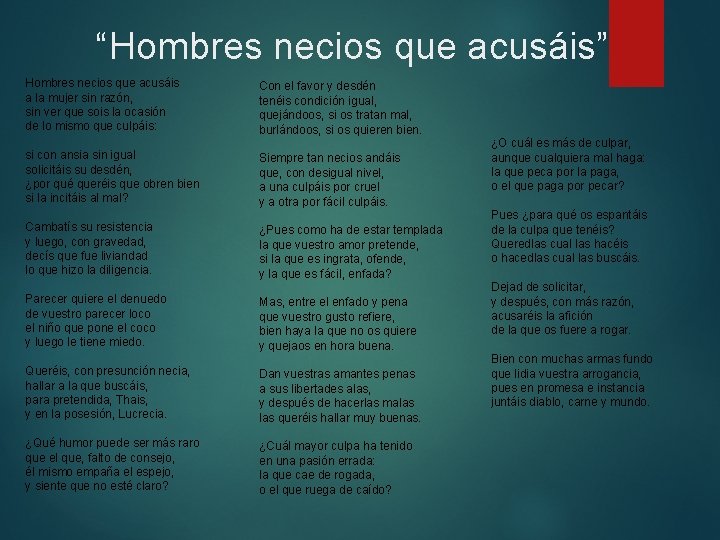 “Hombres necios que acusáis” Hombres necios que acusáis a la mujer sin razón, sin “Hombres necios que acusáis” Hombres necios que acusáis a la mujer sin razón, sin
