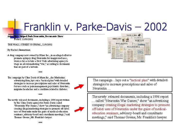 Franklin v. Parke-Davis – 2002 Ad Agency Helped Push Neurontin, Documents Show Posted: 11/08/2002