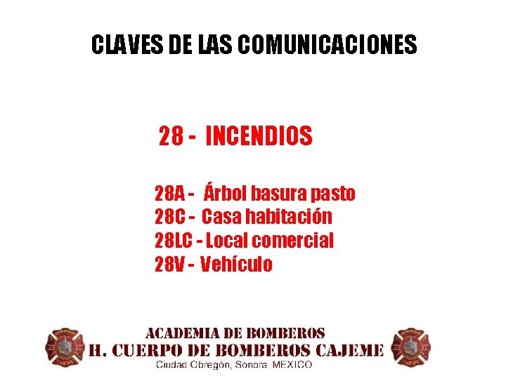 CLAVES DE LAS COMUNICACIONES 28 - INCENDIOS 28 A - Árbol basura pasto 28