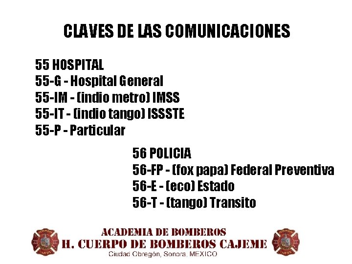 CLAVES DE LAS COMUNICACIONES 55 HOSPITAL 55 -G - Hospital General 55 -IM -