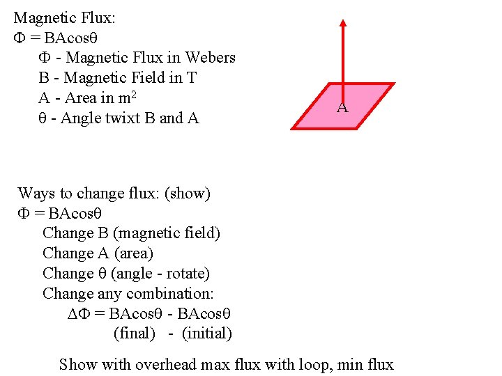 Magnetic Flux: = BAcos - Magnetic Flux in Webers B - Magnetic Field in