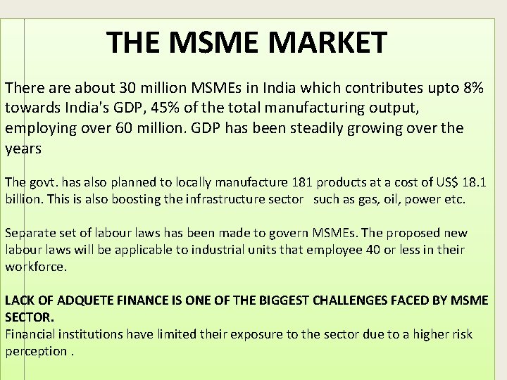 THE MSME MARKET There about 30 million MSMEs in India which contributes upto 8%