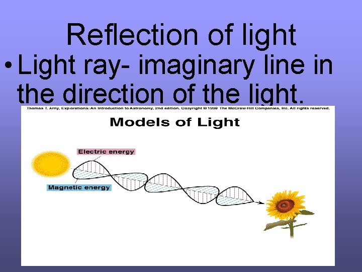 Reflection of light • Light ray- imaginary line in the direction of the light.