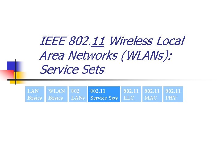 IEEE 802. 11 Wireless Local Area Networks (WLANs): Service Sets LAN Basics WLAN Basics