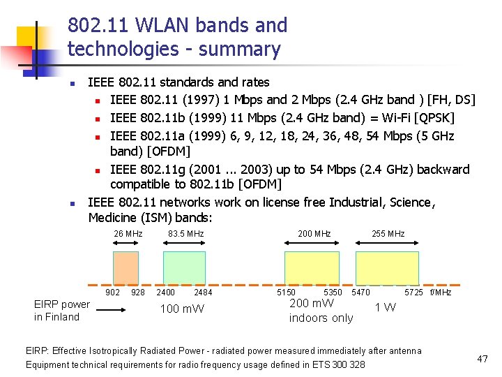 802. 11 WLAN bands and technologies - summary n n IEEE 802. 11 standards