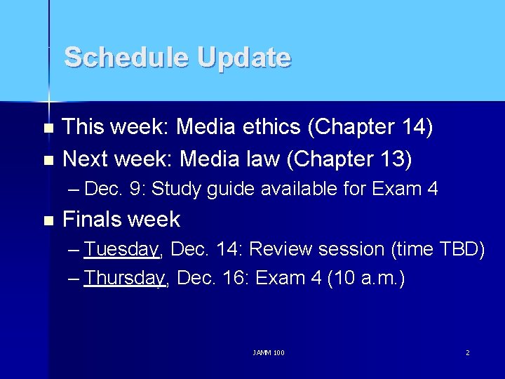 Schedule Update This week: Media ethics (Chapter 14) n Next week: Media law (Chapter