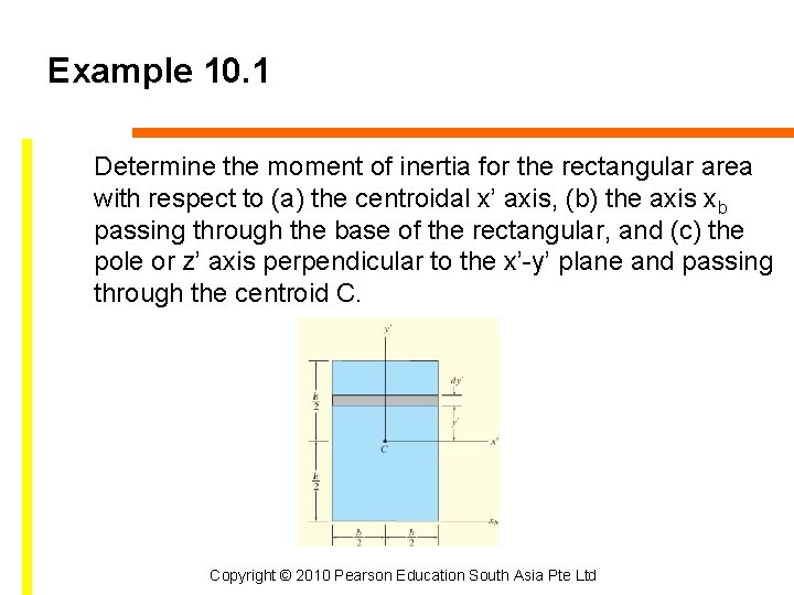 Example 10. 1 Determine the moment of inertia for the rectangular area with respect