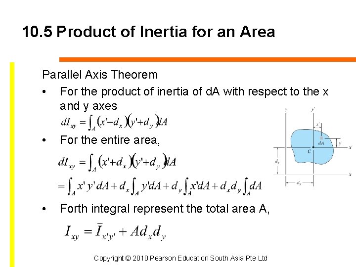 10. 5 Product of Inertia for an Area Parallel Axis Theorem • For the