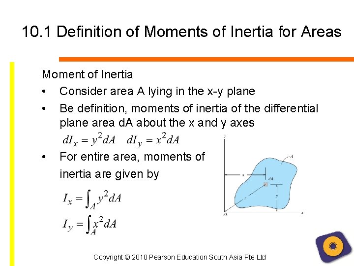 10. 1 Definition of Moments of Inertia for Areas Moment of Inertia • Consider