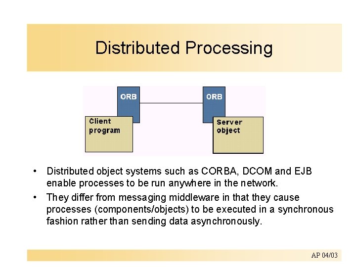 Distributed Processing • Distributed object systems such as CORBA, DCOM and EJB enable processes