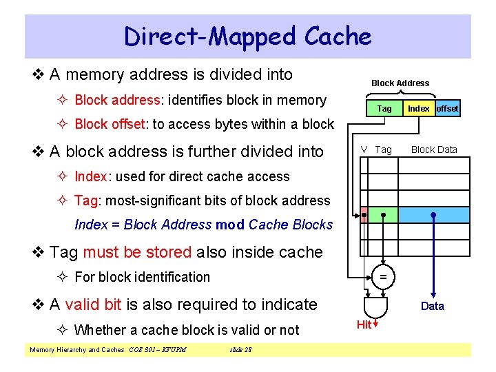 Direct-Mapped Cache v A memory address is divided into Block Address ² Block address: