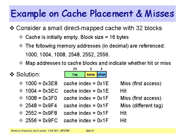 Example on Cache Placement & Misses v Consider a small direct-mapped cache with 32