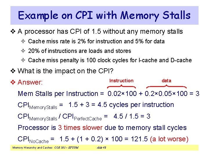 Example on CPI with Memory Stalls v A processor has CPI of 1. 5