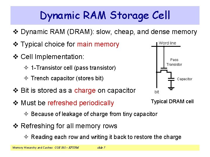 Dynamic RAM Storage Cell v Dynamic RAM (DRAM): slow, cheap, and dense memory v