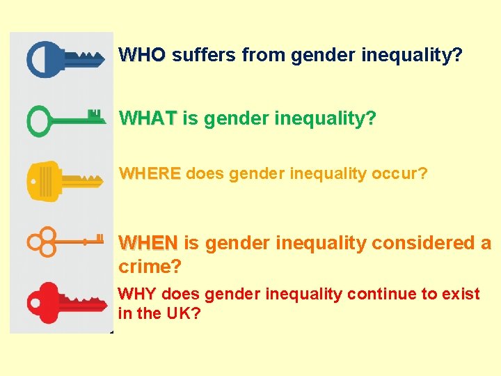 WHO suffers from gender inequality? WHAT is gender inequality? WHERE does gender inequality occur?