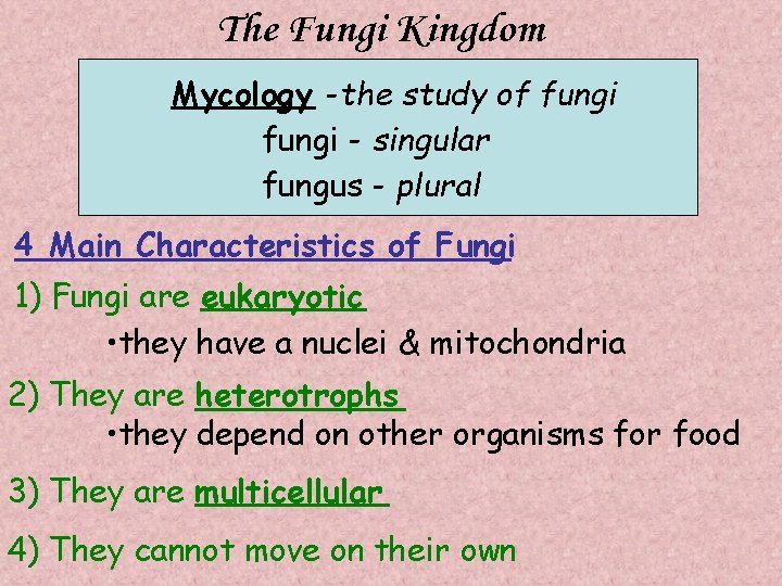 The Fungi Kingdom Mycology -the study of fungi - singular fungus - plural 4