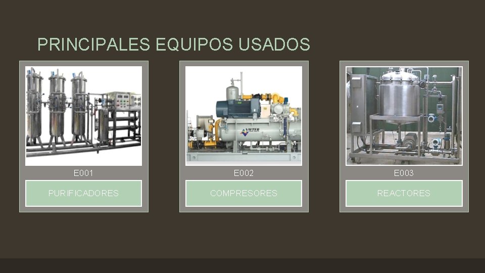 PRINCIPALES EQUIPOS USADOS E 001 E 002 E 003 PURIFICADORES COMPRESORES REACTORES 