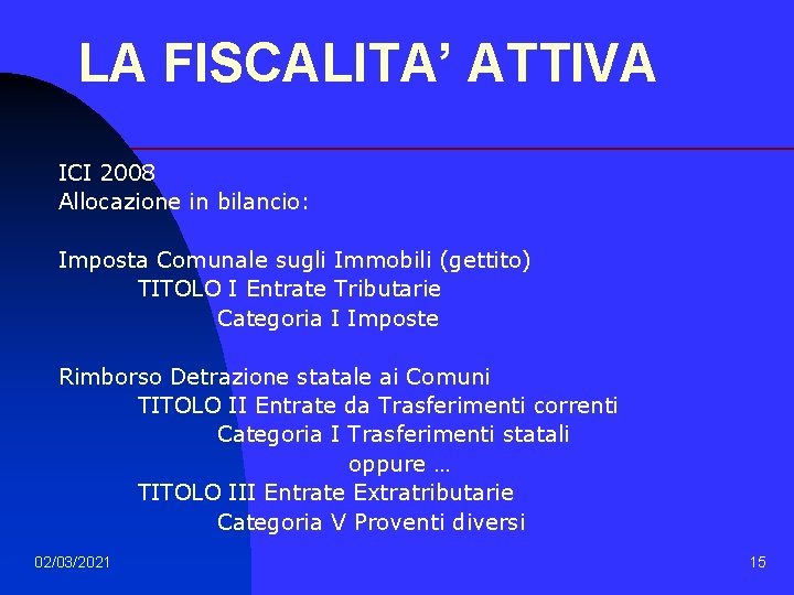 LA FISCALITA’ ATTIVA ICI 2008 Allocazione in bilancio: Imposta Comunale sugli Immobili (gettito) TITOLO