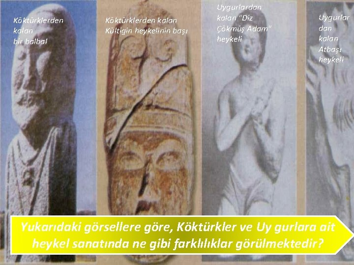 Köktürklerden kalan bir balbal Köktürklerden kalan Kültigin heykelinin başı Uygurlardan kalan "Diz Çökmüş Adam"