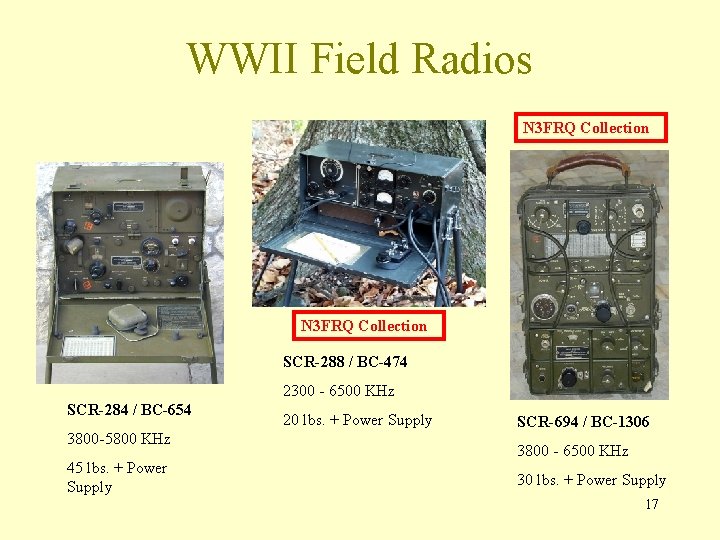 WWII Field Radios N 3 FRQ Collection SCR-288 / BC-474 2300 - 6500 KHz WWII Field Radios N 3 FRQ Collection SCR-288 / BC-474 2300 - 6500 KHz