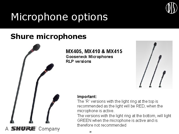 Microphone options Shure microphones MX 405, MX 410 & MX 415 Gooseneck Microphones RLP