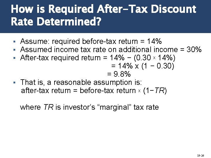 How is Required After-Tax Discount Rate Determined? Assume: required before-tax return = 14% Assumed